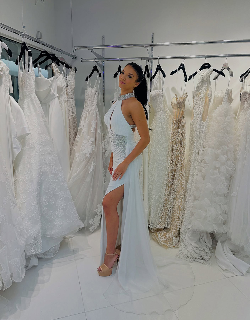 Sparkly White Mermaid Beaded Halter Long Prom Dress with Side Cape