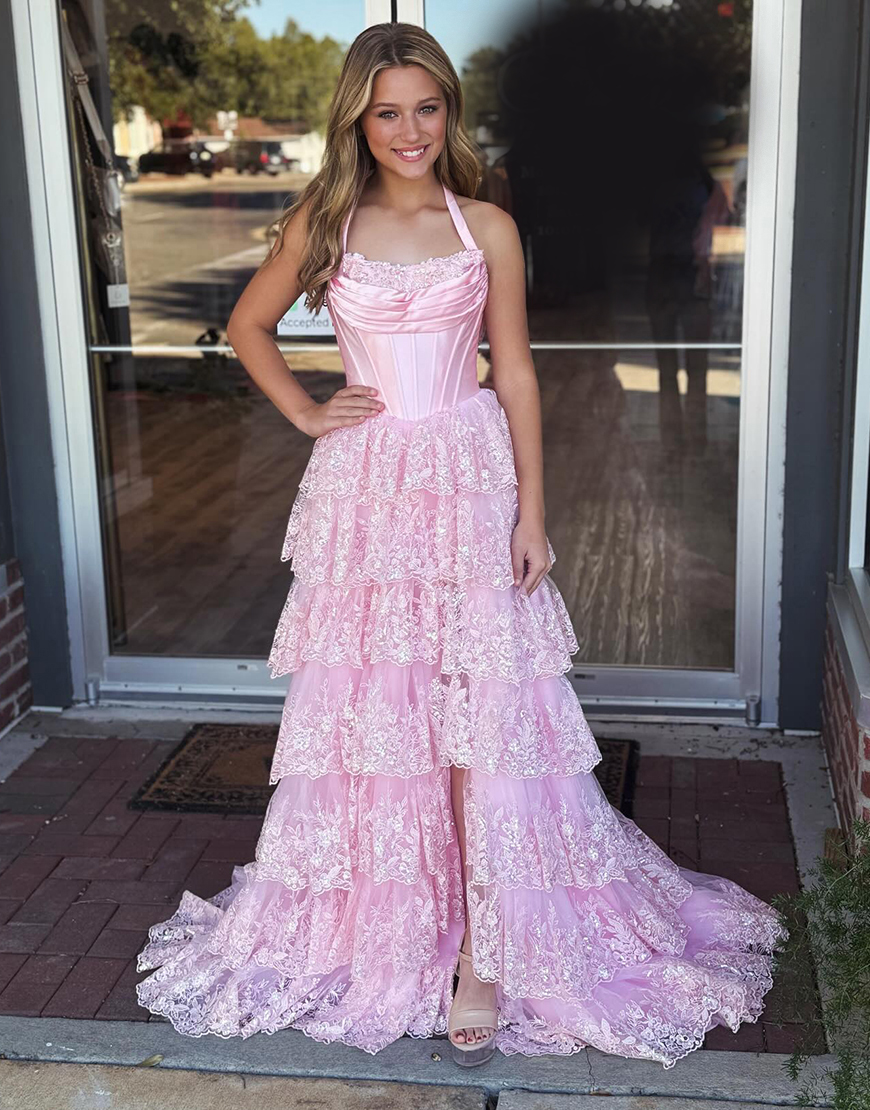 Sparkly Pink Corset Lace Tiered Ruffled Long Prom Dress