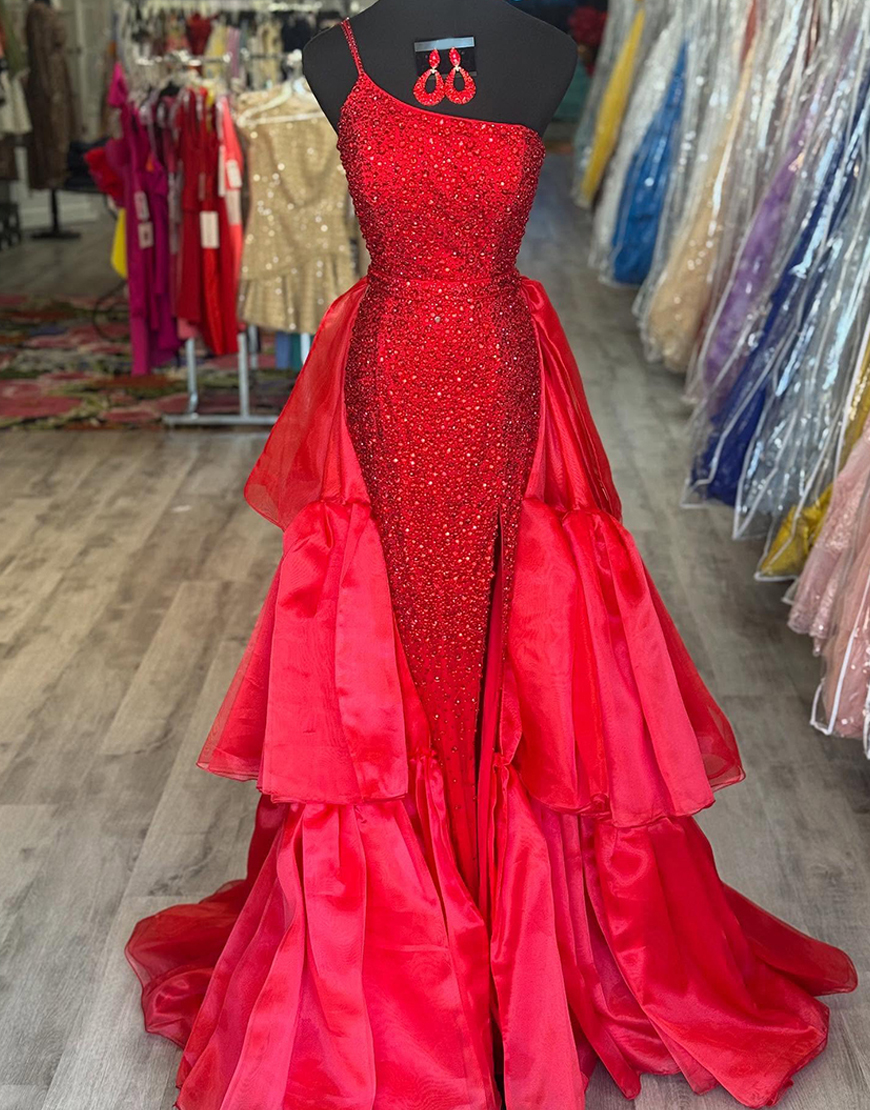 Berlinnova Women Sparkly Red Sequin Long Prom Dress with Cape Mermaid One Shoulder Pageant Dress with Slit