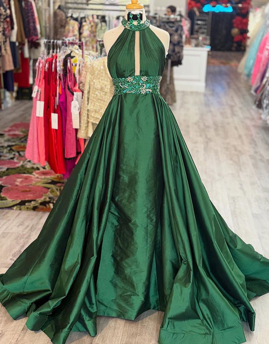 Berlinnova Women Sparkly Green Beaded Long Prom Dress with Cape Mermaid Satin Halter Keyhole Pageant Dress