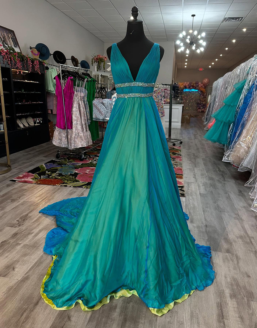 Sparkly Peacock Green Long V-Neck Prom Dress with Rhinestones