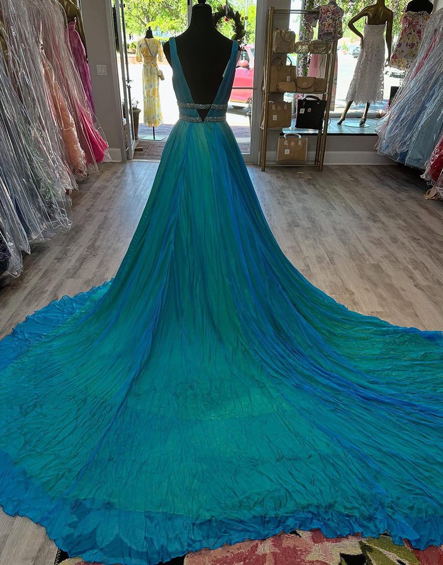 Sparkly Peacock Green Long V-Neck Prom Dress with Rhinestones