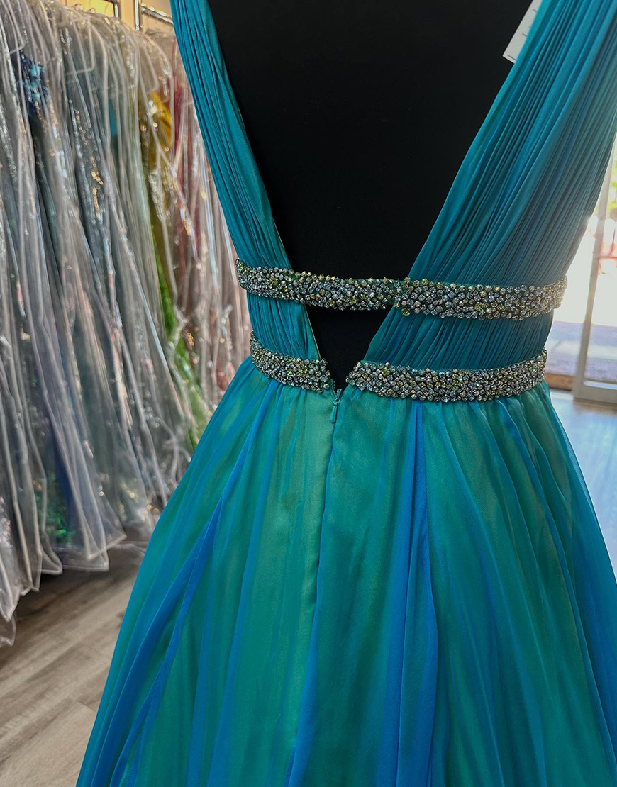 Sparkly Peacock Green Long V-Neck Prom Dress with Rhinestones