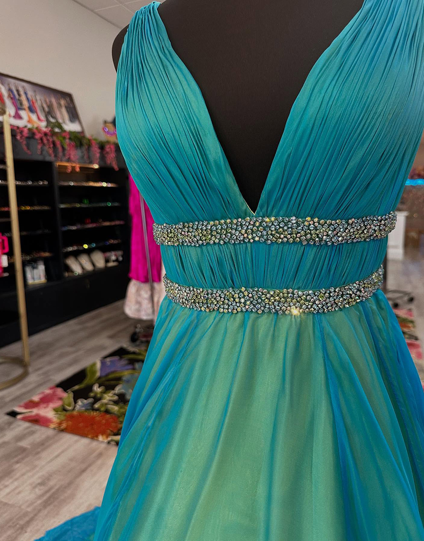 Sparkly Peacock Green Long V-Neck Prom Dress with Rhinestones