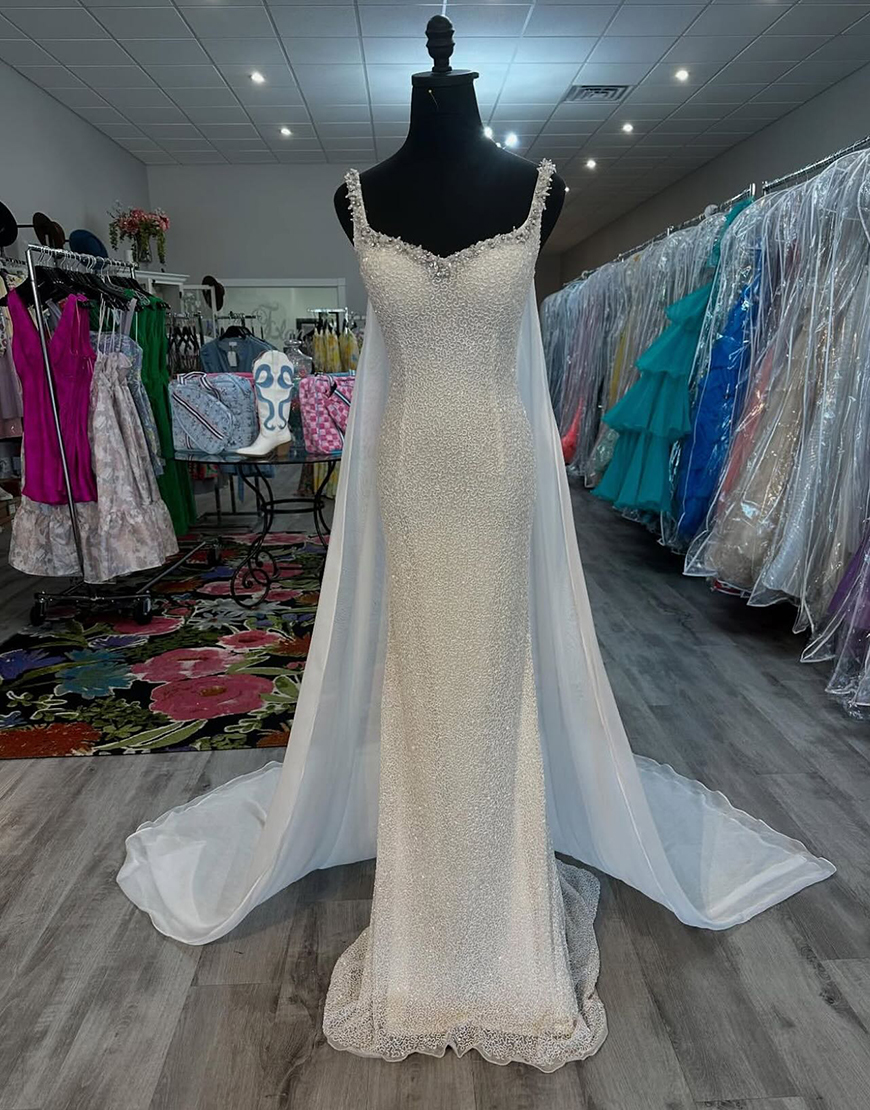 Sparkly White Mermaid Corset Sequins Long Prom Dress with Cape