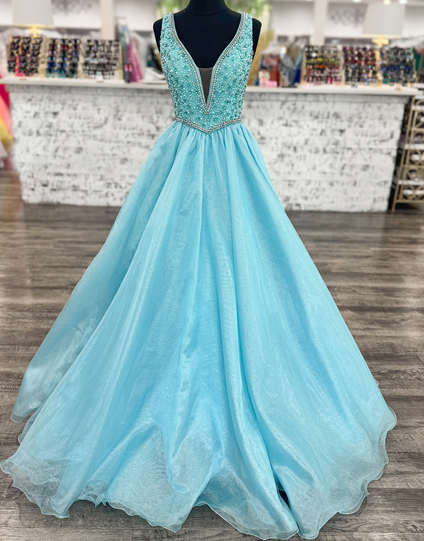 Sparkly Light Blue Beaded V-Neck Ball Gown Long Prom Dress