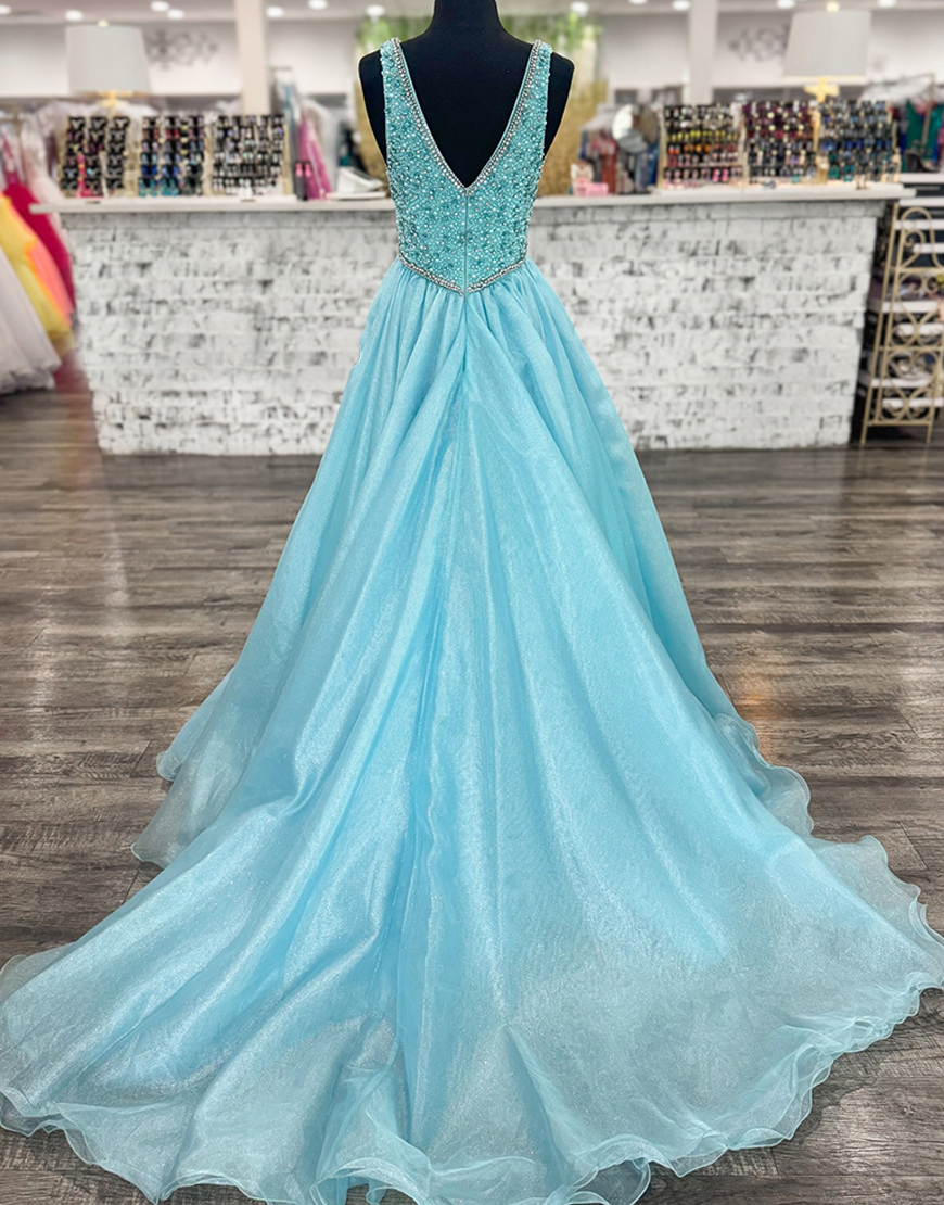 Sparkly Light Blue Beaded V-Neck Ball Gown Long Prom Dress