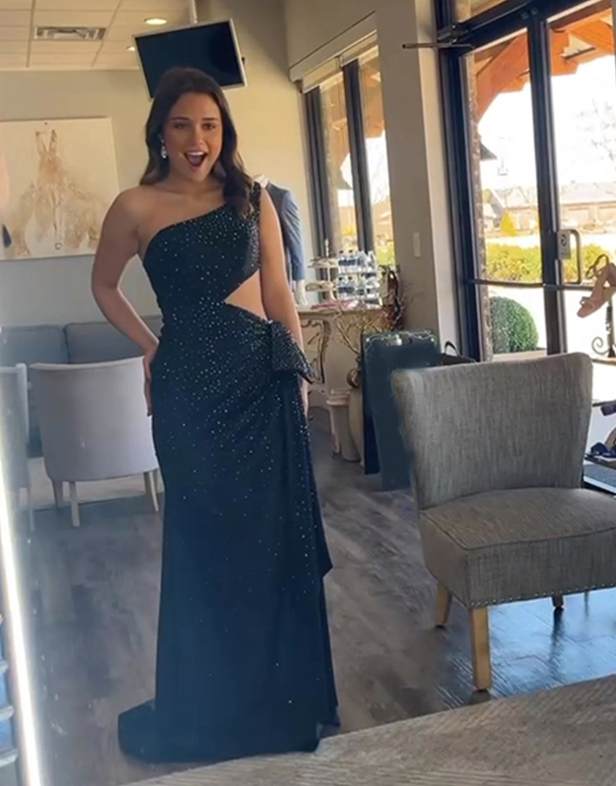 Sparkly Black Long One Shoulder Cut Out Prom Dress with Beading