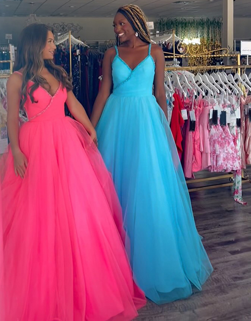 Sparkly Fuchsia V-Neck Ball Gown Long Prom Dress