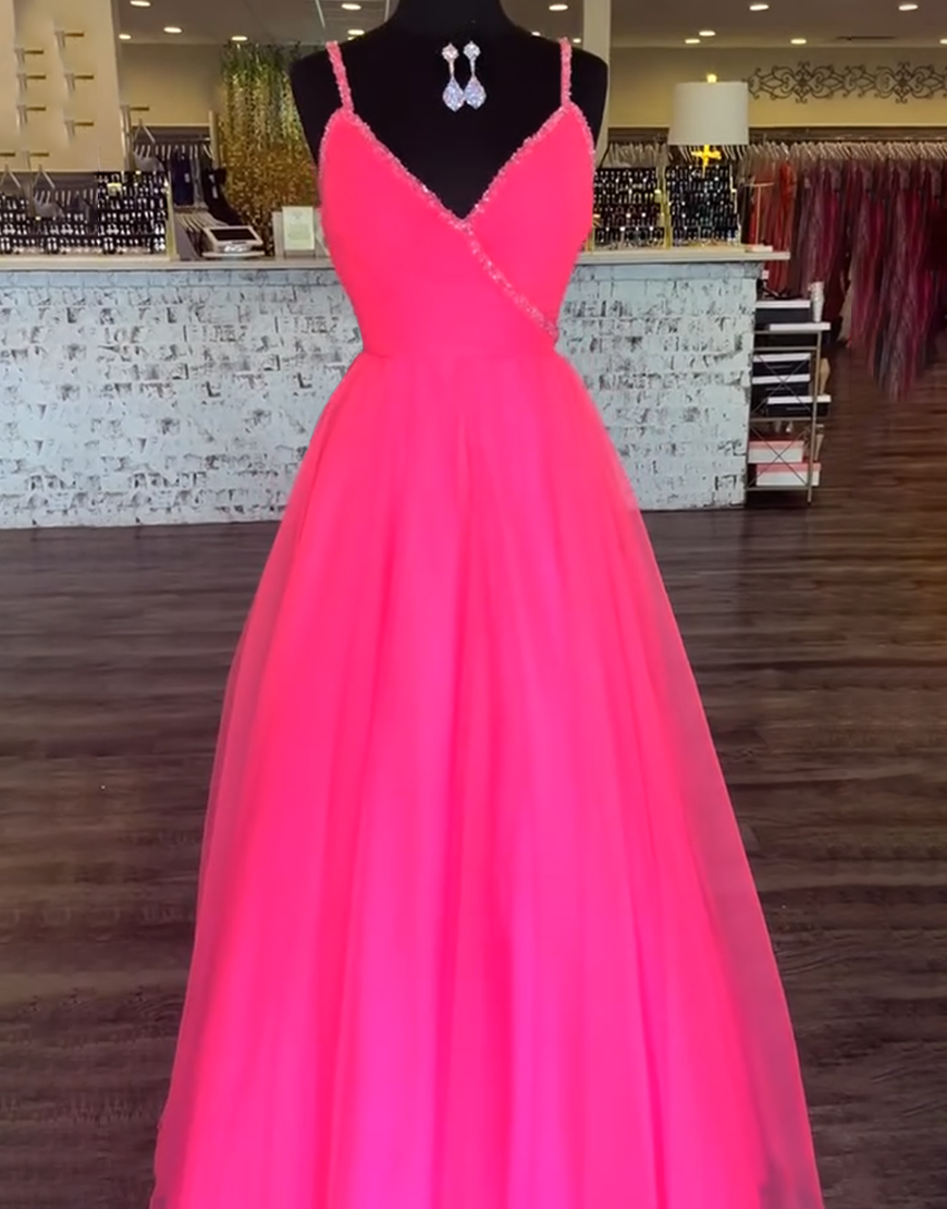 Sparkly Fuchsia V-Neck Ball Gown Long Prom Dress