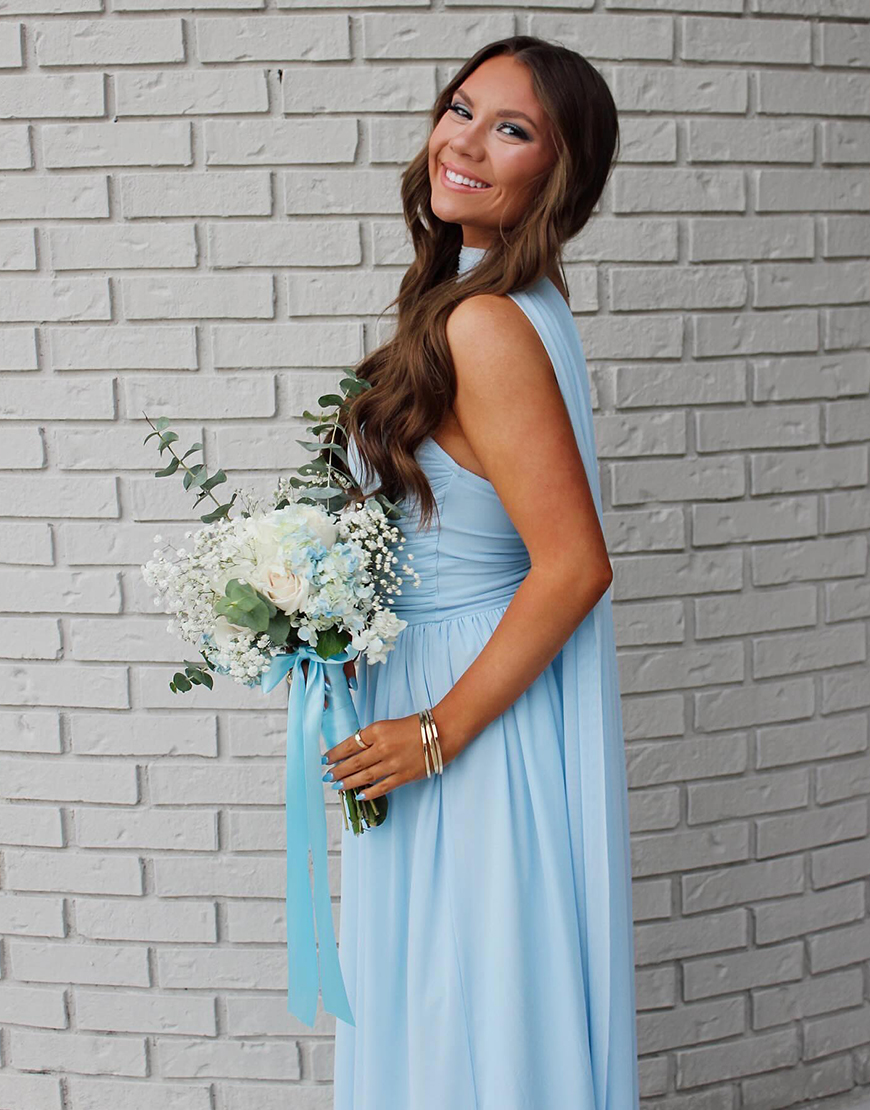 Light Blue Chiffon Strapless Neck Scarf Long Prom Dress