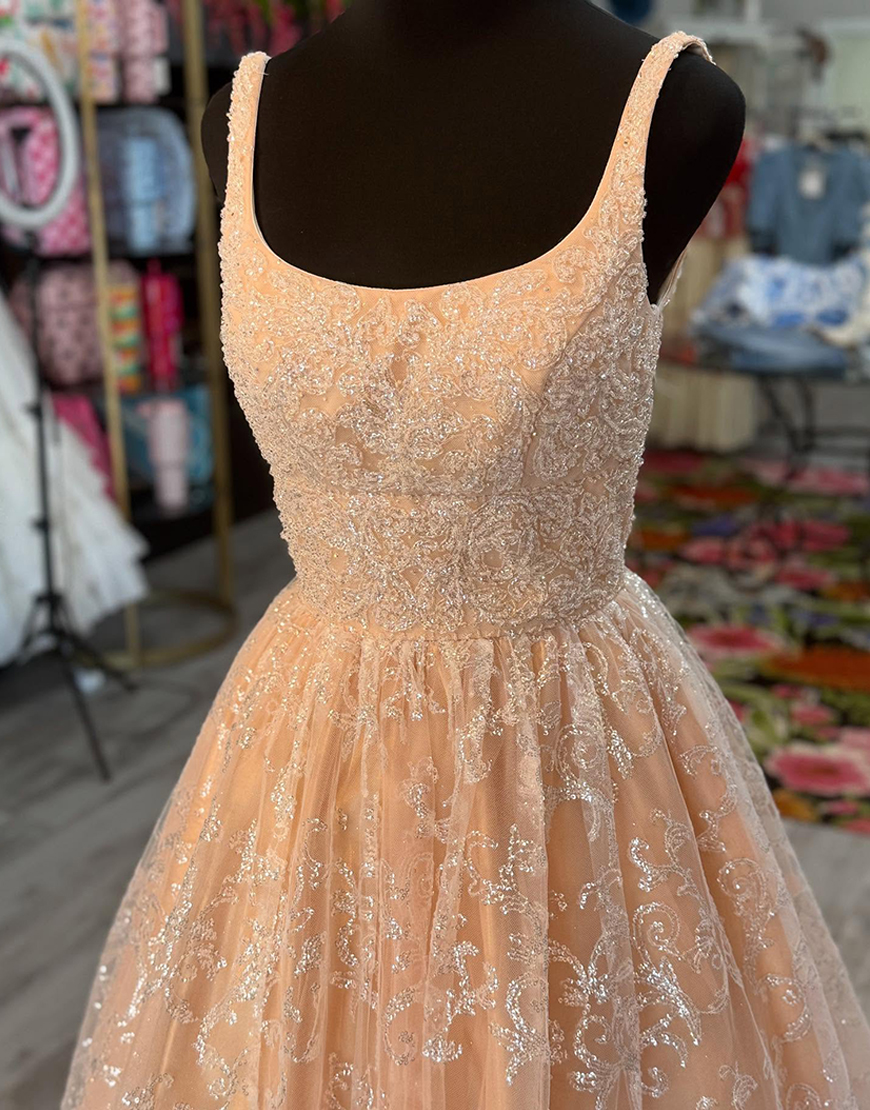 Sparkly Champagne Ball Gown Long Lace Prom Dress