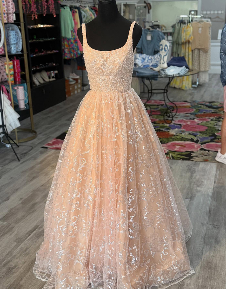Sparkly Champagne Ball Gown Long Lace Prom Dress