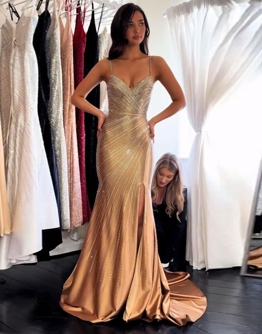 Sparkly Golden Mermaid Spaghetti Straps Long Beaded Prom Dress with Slit