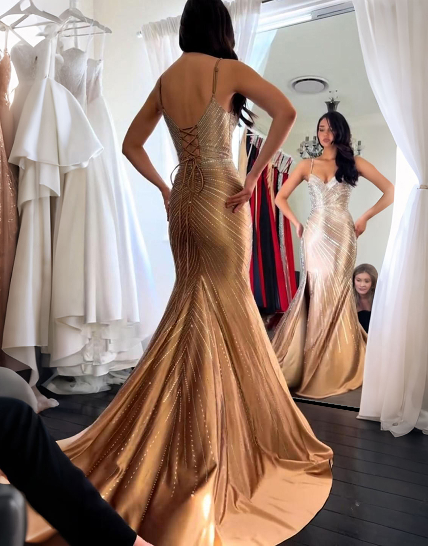 Sparkly Golden Mermaid Spaghetti Straps Long Beaded Prom Dress with Slit