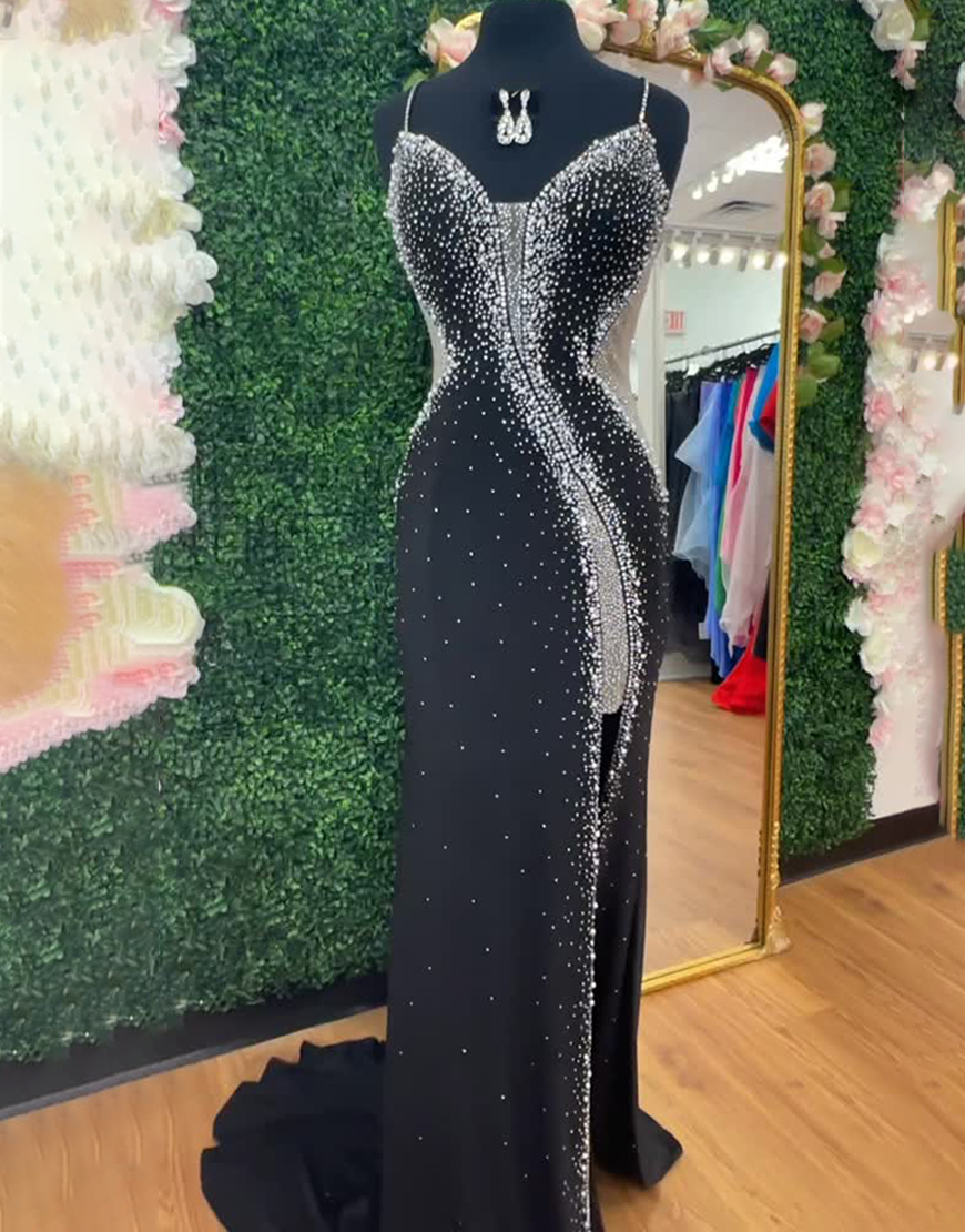 Sparkly Black Mermaid Spaghetti Straps Beaded Long Prom Dress with Slit