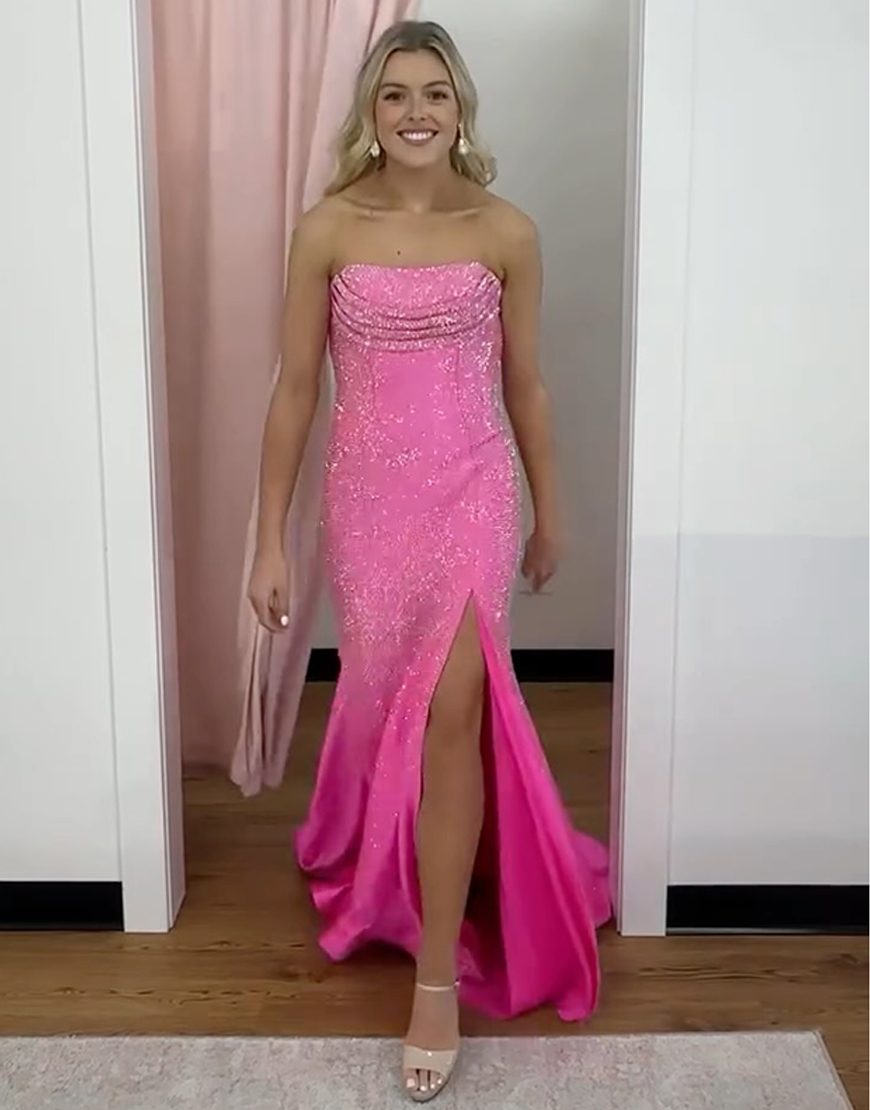 Sparkly Peacock Blue Strapless Mermaid Beaded Long Prom Dress with Slit