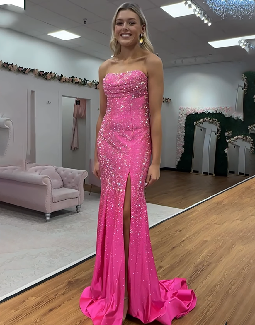 Sparkly Peacock Blue Strapless Mermaid Beaded Long Prom Dress with Slit