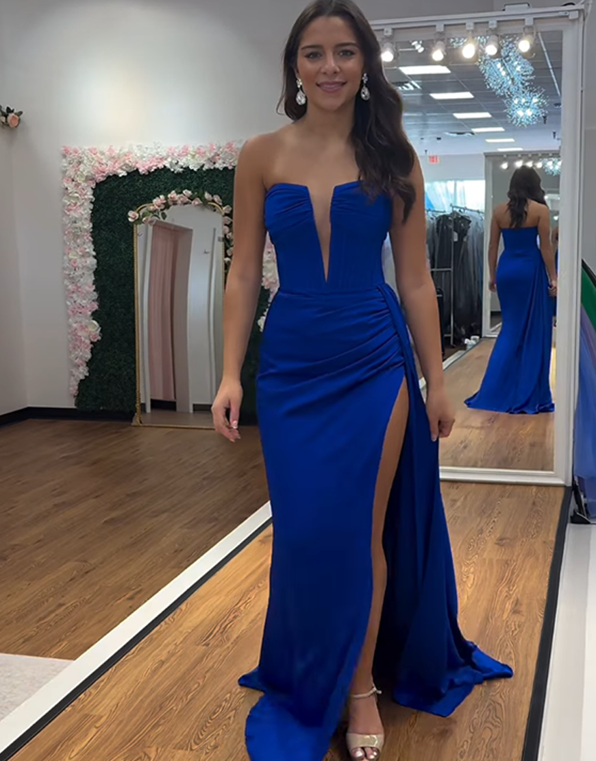 Royal Blue Strapless Mermaid Corset Long Prom Dress with Side Cape