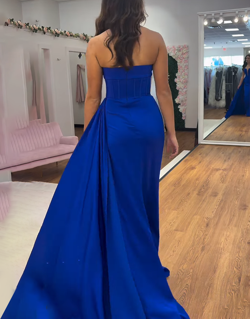 Royal Blue Strapless Mermaid Corset Long Prom Dress with Side Cape