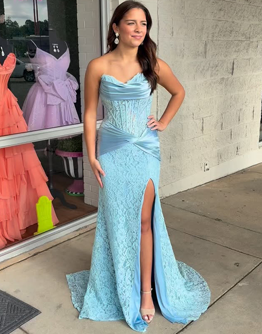 White Mermaid Corset Lace Long Prom Dress with Slit