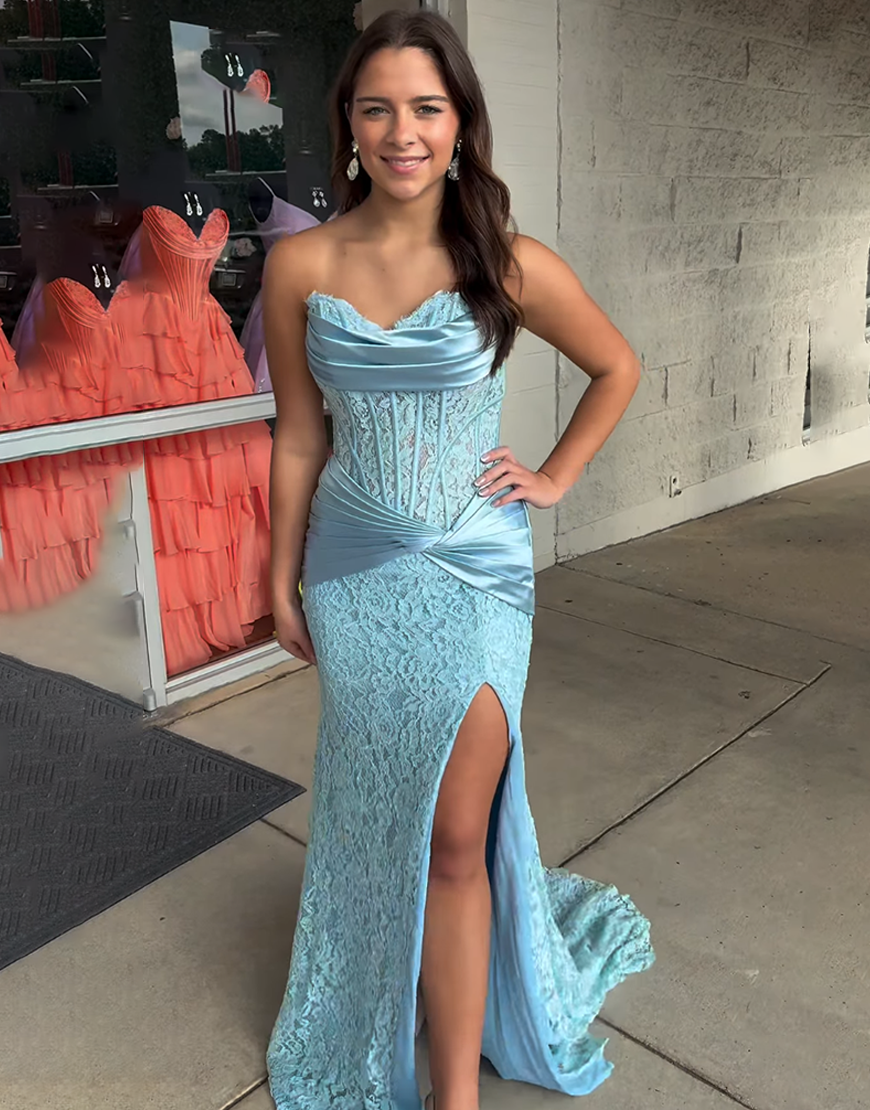 White Mermaid Corset Lace Long Prom Dress with Slit