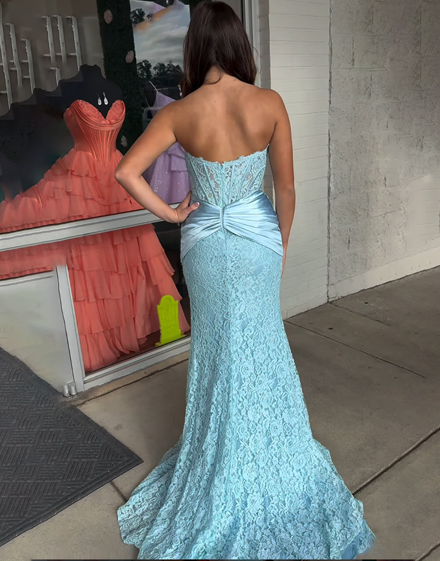 White Mermaid Corset Lace Long Prom Dress with Slit