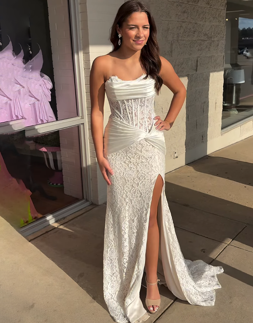 White Mermaid Corset Lace Long Prom Dress with Slit