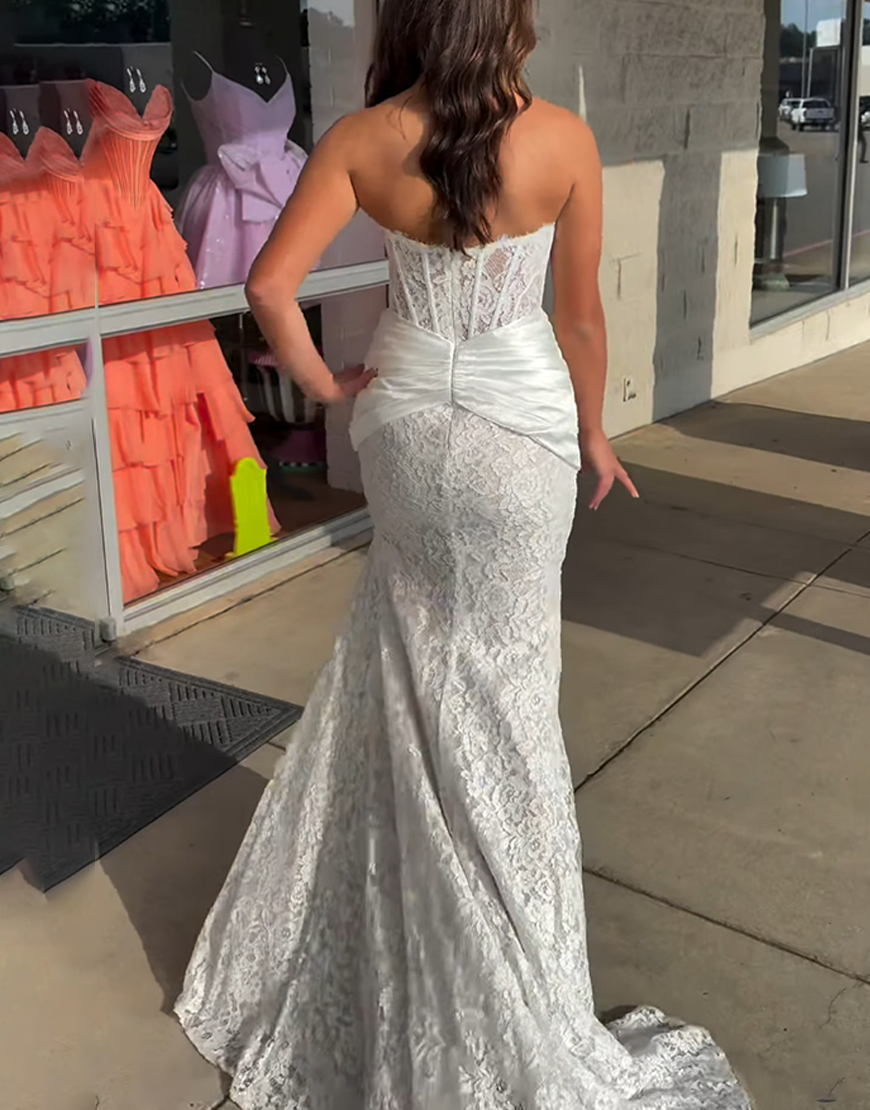 White Mermaid Corset Lace Long Prom Dress with Slit