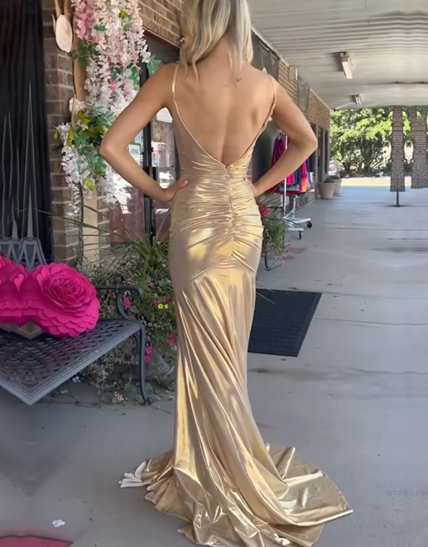 Grey Spaghetti Straps Mermaid Pleated Long Prom Dress