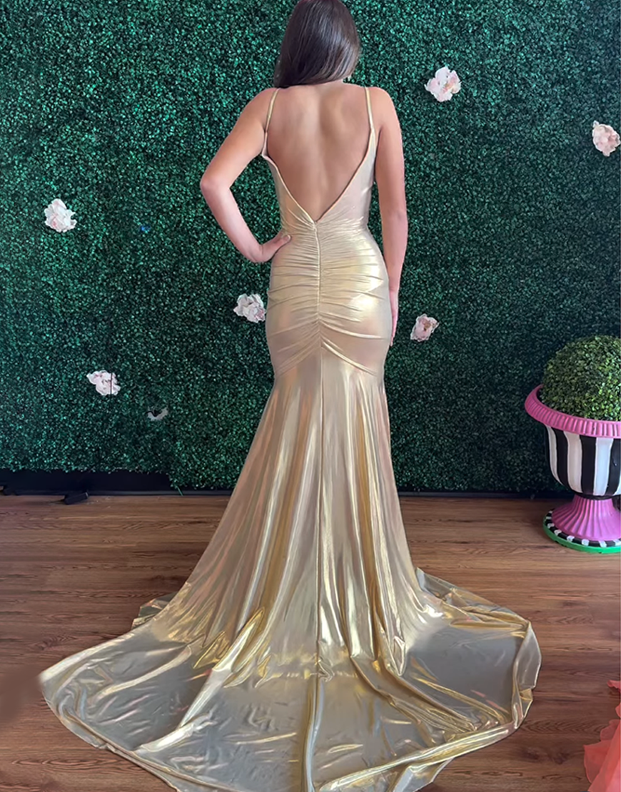 Grey Spaghetti Straps Mermaid Pleated Long Prom Dress