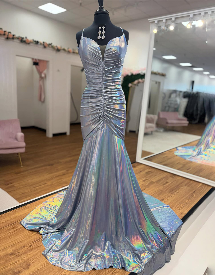 Grey Spaghetti Straps Mermaid Pleated Long Prom Dress