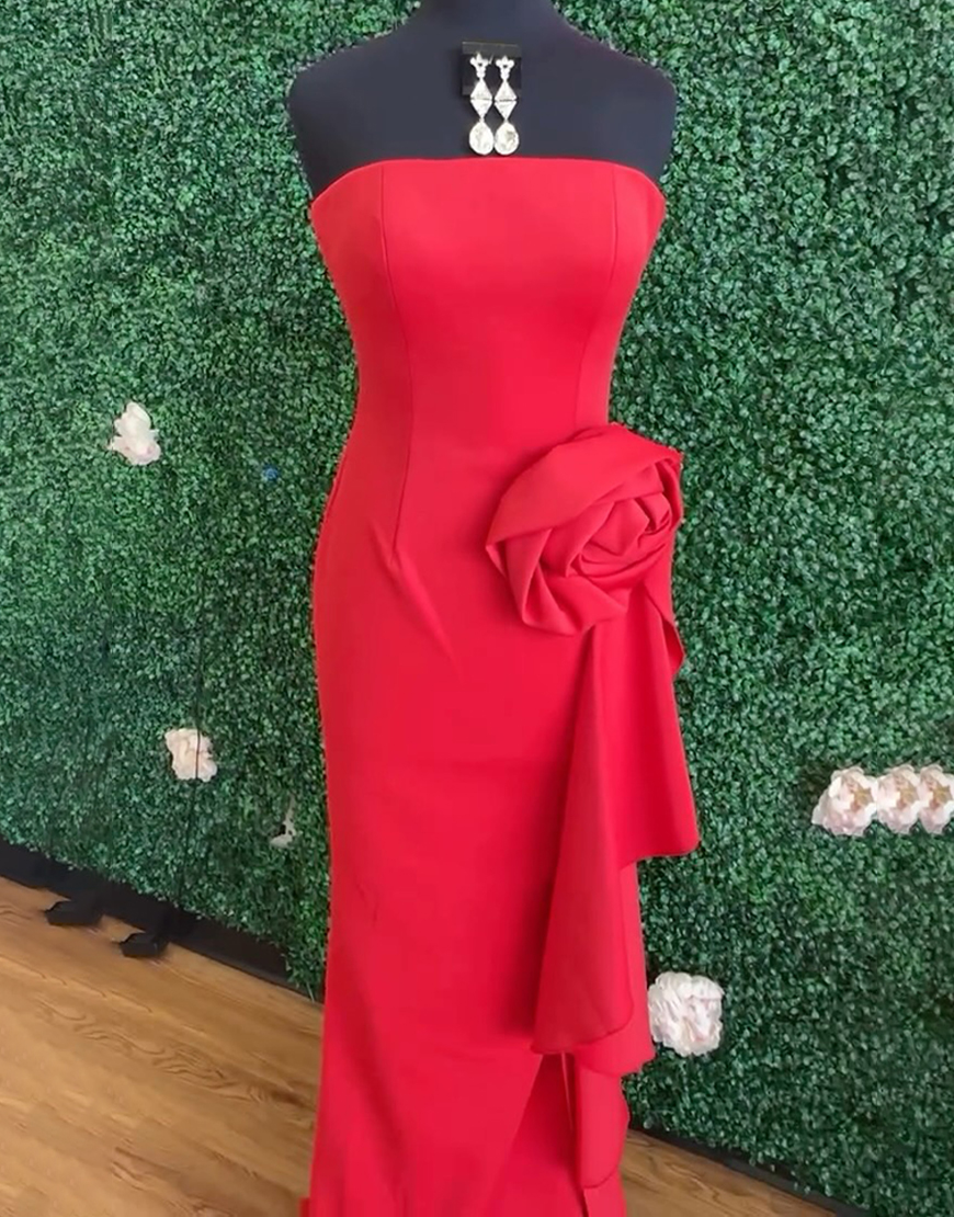 Floral Red Corset Mermaid Strapless Long Prom Dress