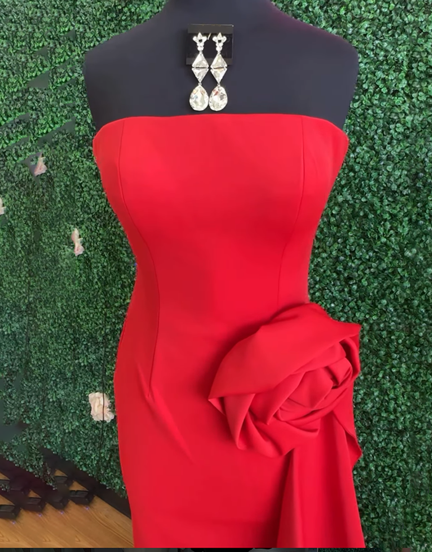 Floral Red Corset Mermaid Strapless Long Prom Dress