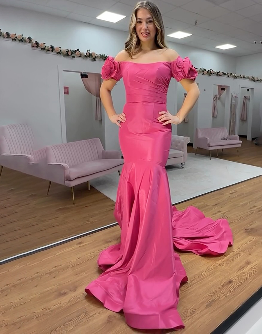 Fuchsia Mermaid Off the Shoulder Floral Long Prom Dress