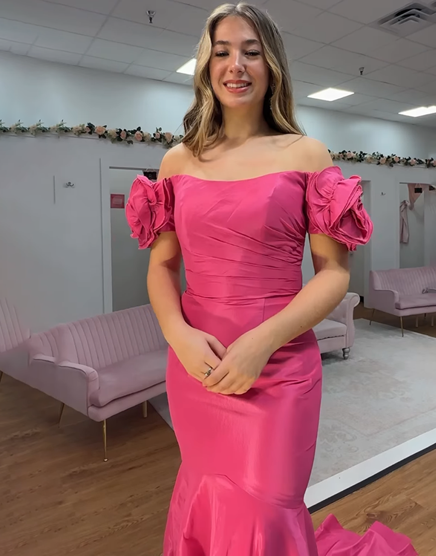 Fuchsia Mermaid Off the Shoulder Floral Long Prom Dress