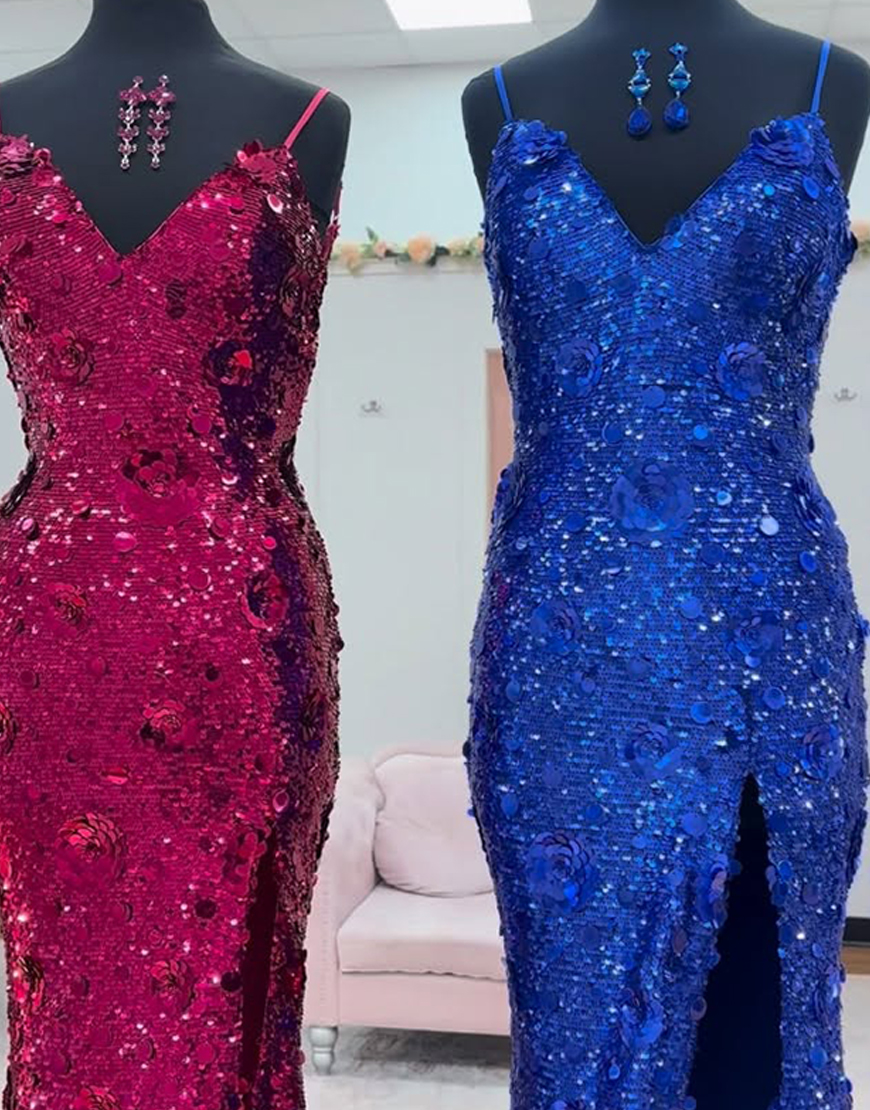 Sparkly Fuchsia Mermaid Sequin V-Neck Long Prom Dress with Slit
