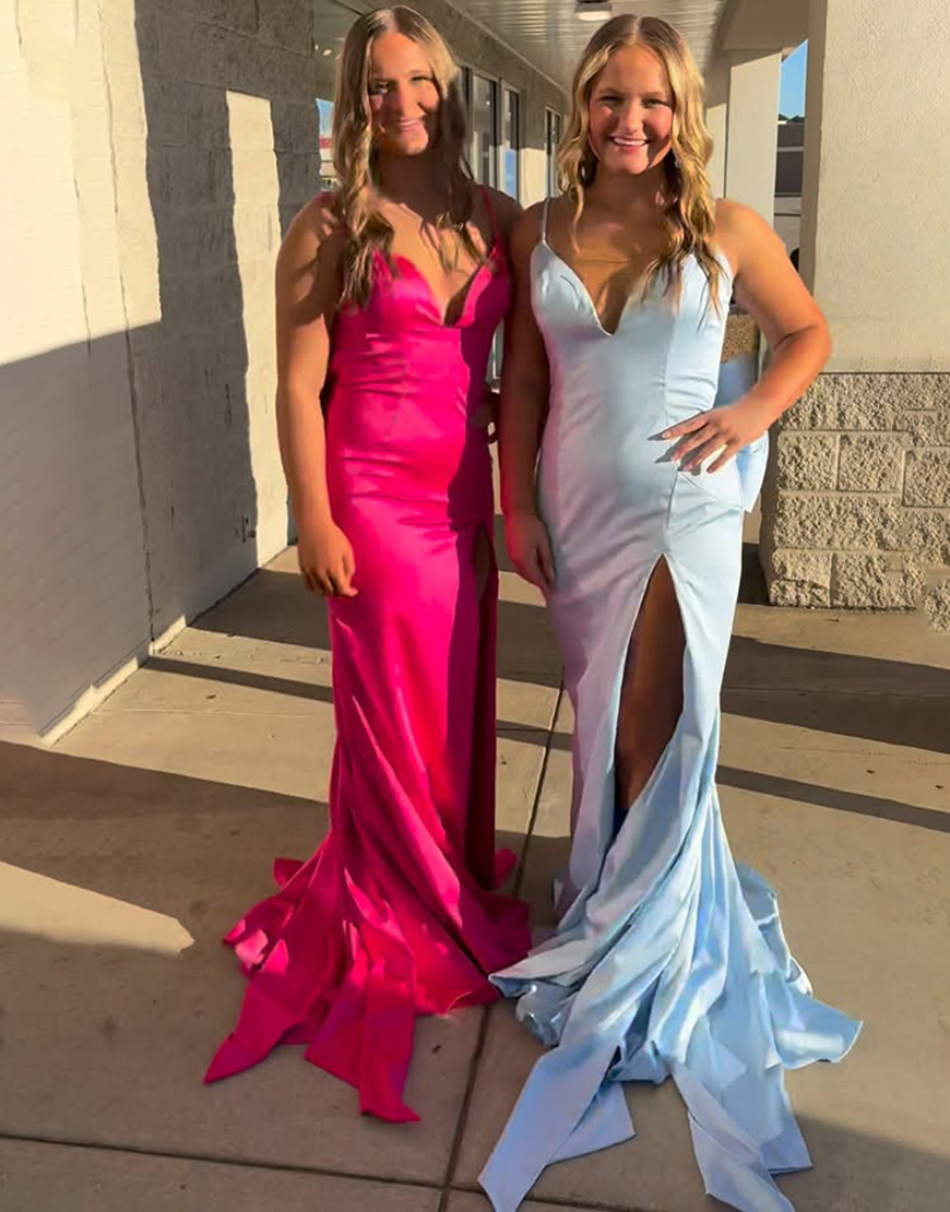 Light Blue V-Neck Mermaid Long Prom Dress with Bow