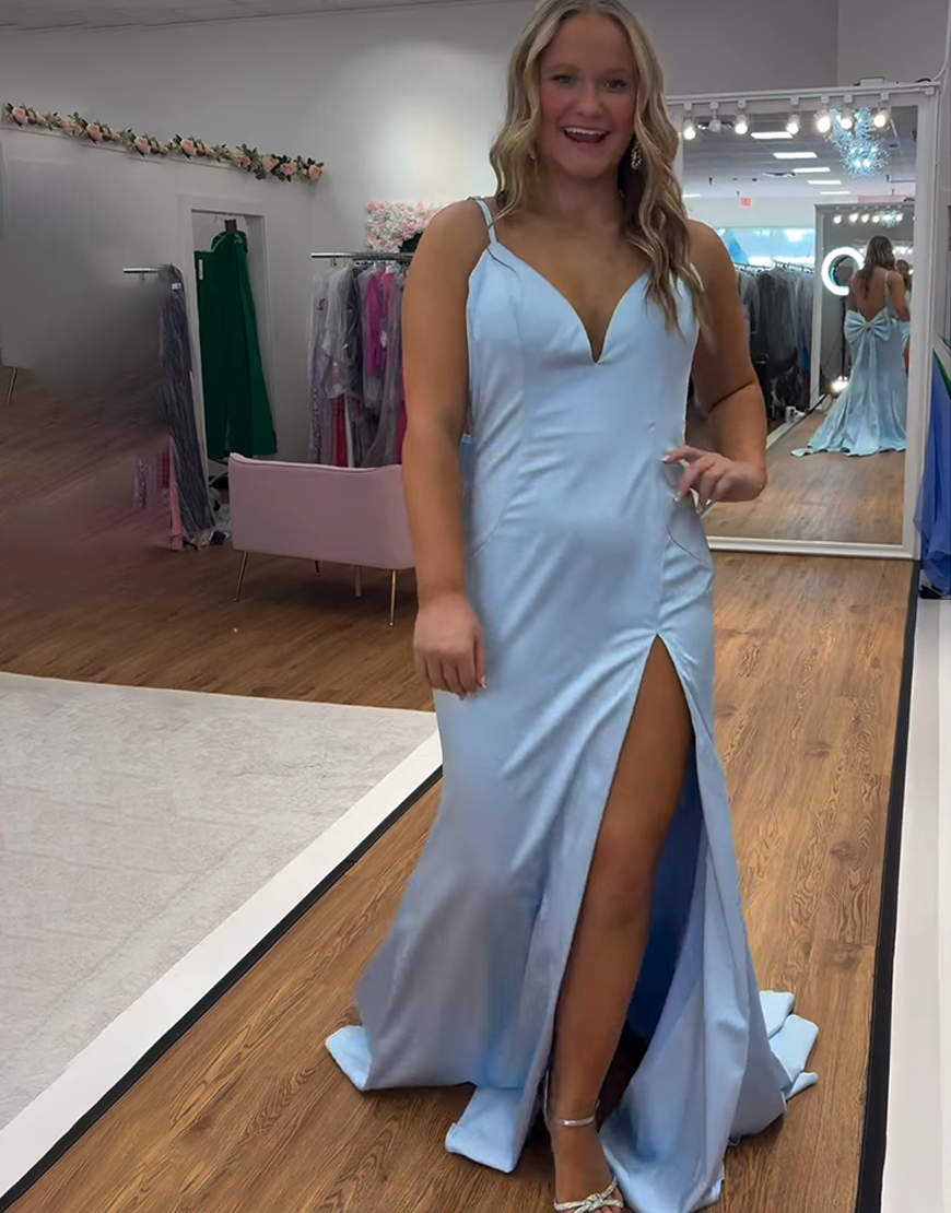 Light Blue V-Neck Mermaid Long Prom Dress with Bow