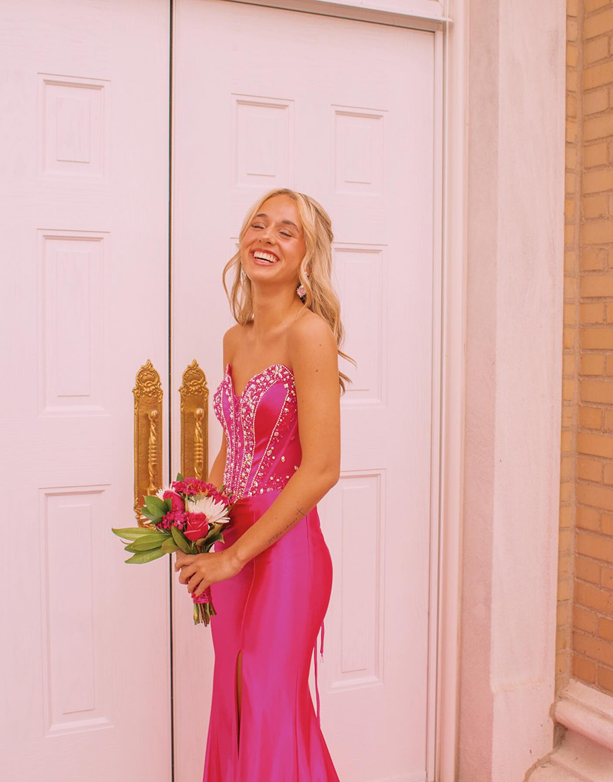 Sparkly Fuchsia Corset Long Mermaid Prom Dress with Rhinestones
