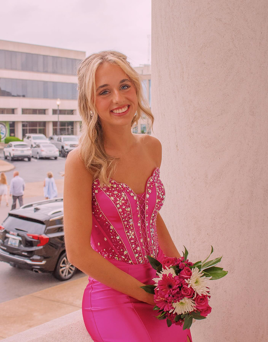 Sparkly Fuchsia Corset Long Mermaid Prom Dress with Rhinestones