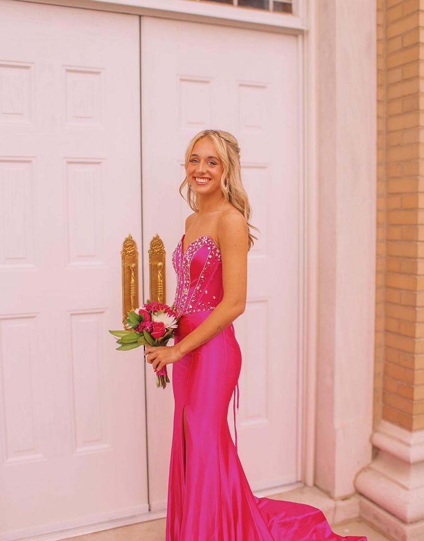 Sparkly Fuchsia Corset Long Mermaid Prom Dress with Rhinestones