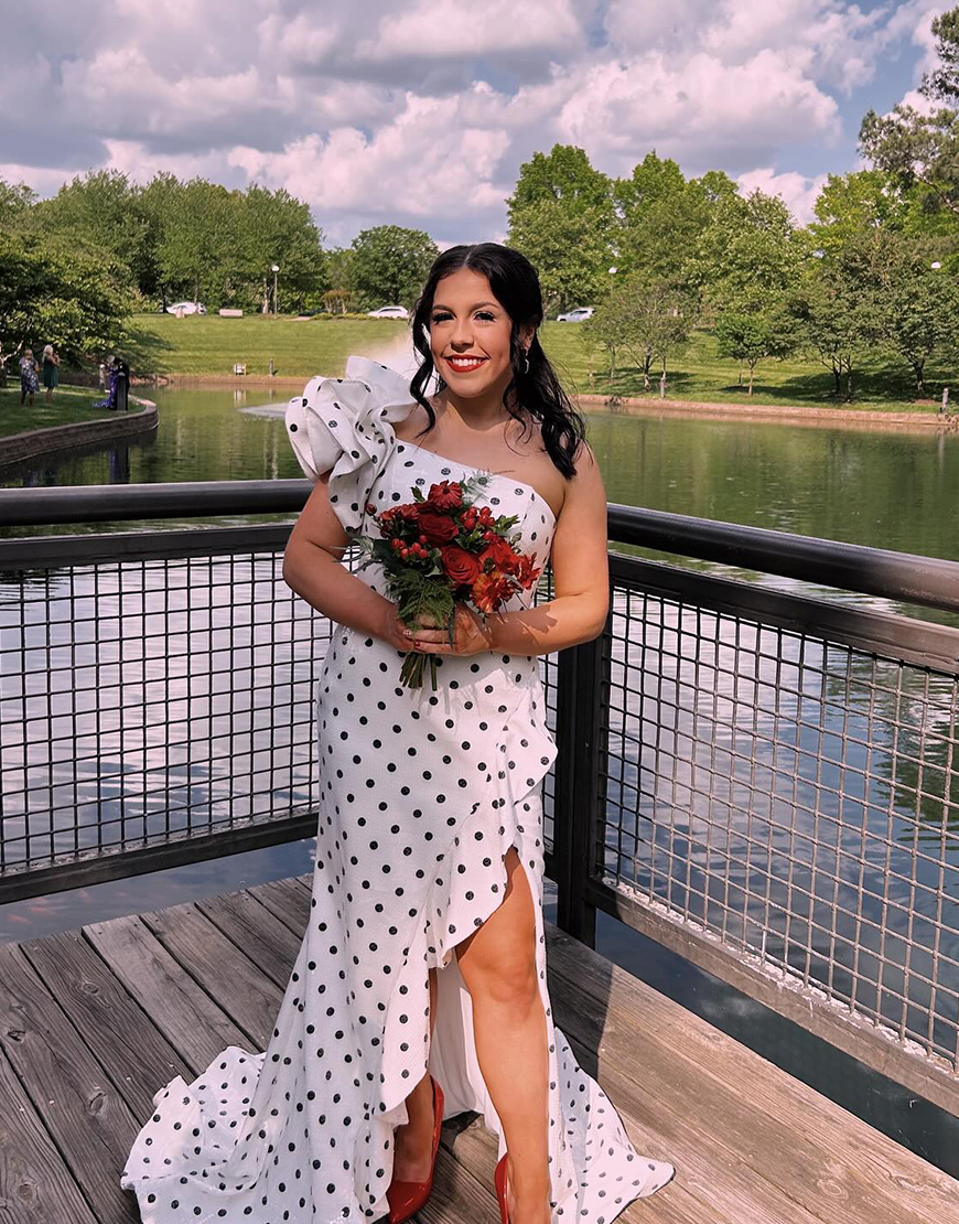 Mermaid One Shoulder White Ruffled Polka Dots Long Prom Dress with Slit