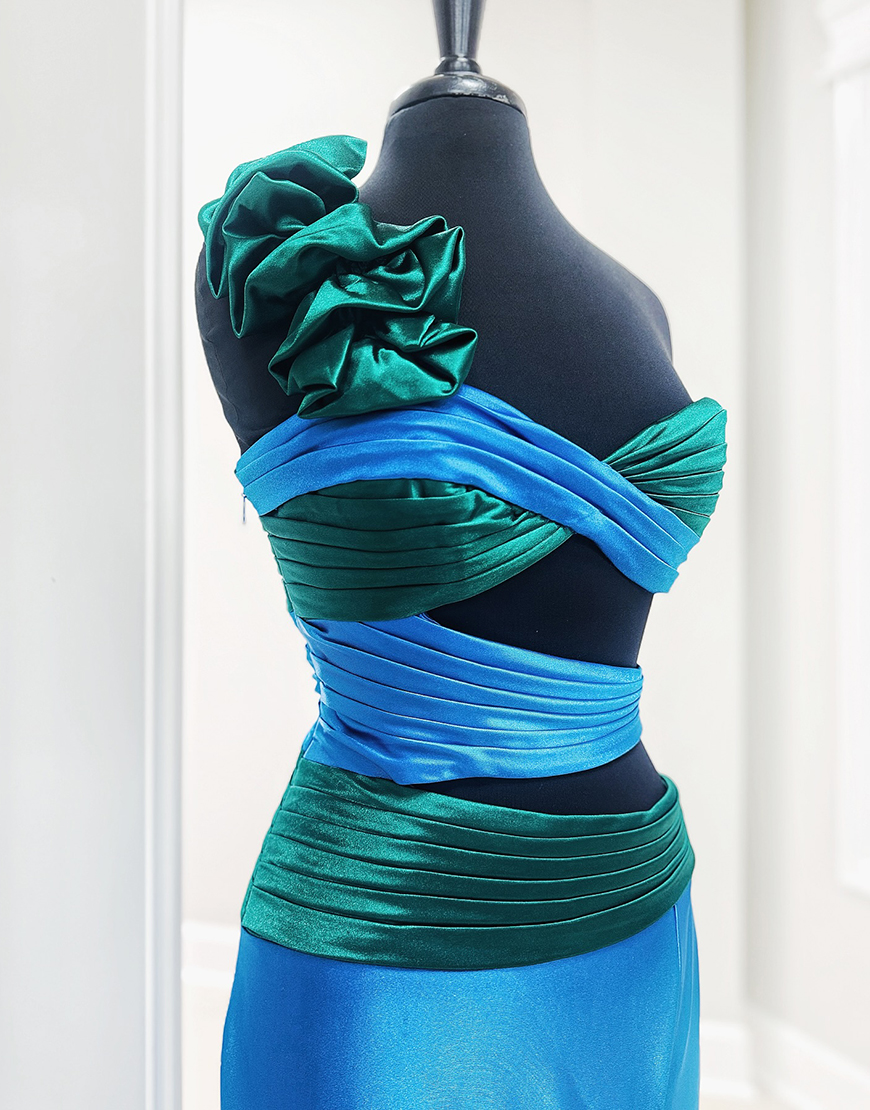 Blue Floral Mermaid Cut Out Long Prom Dress with Slit