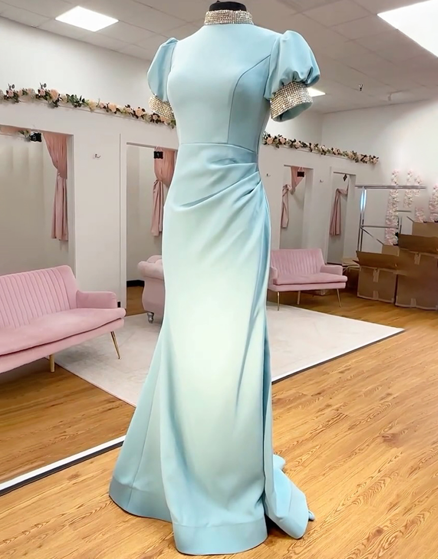 Sparkly Light Blue Corset Long Mermaid Prom Dress with Beading