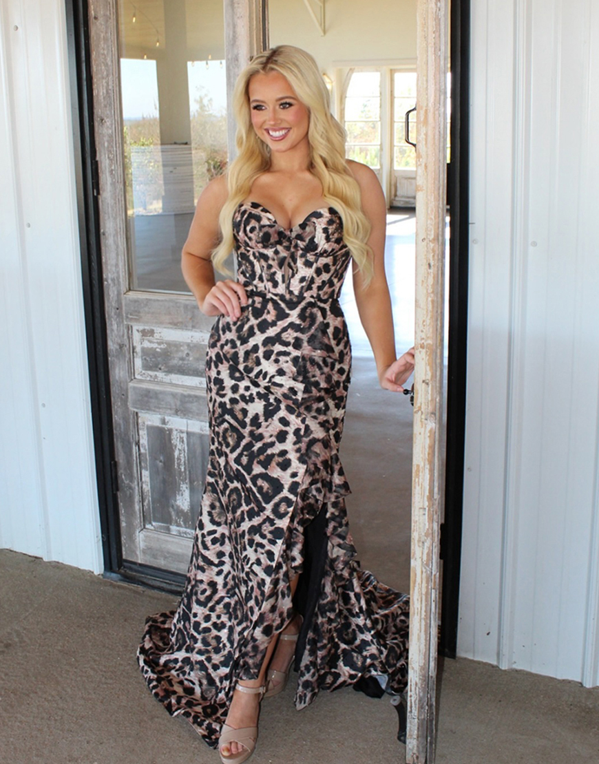 Sparkly Brown Leopard Corset Long Mermaid Prom Dress with Slit