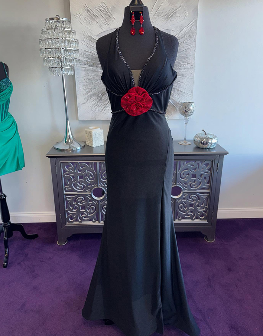 Sparkly Black Mermaid Halter Beaded Long Prom Dress with 3D Flowers