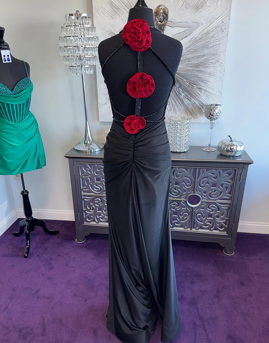 Sparkly Black Mermaid Halter Floral Long Prom Dress with Beading