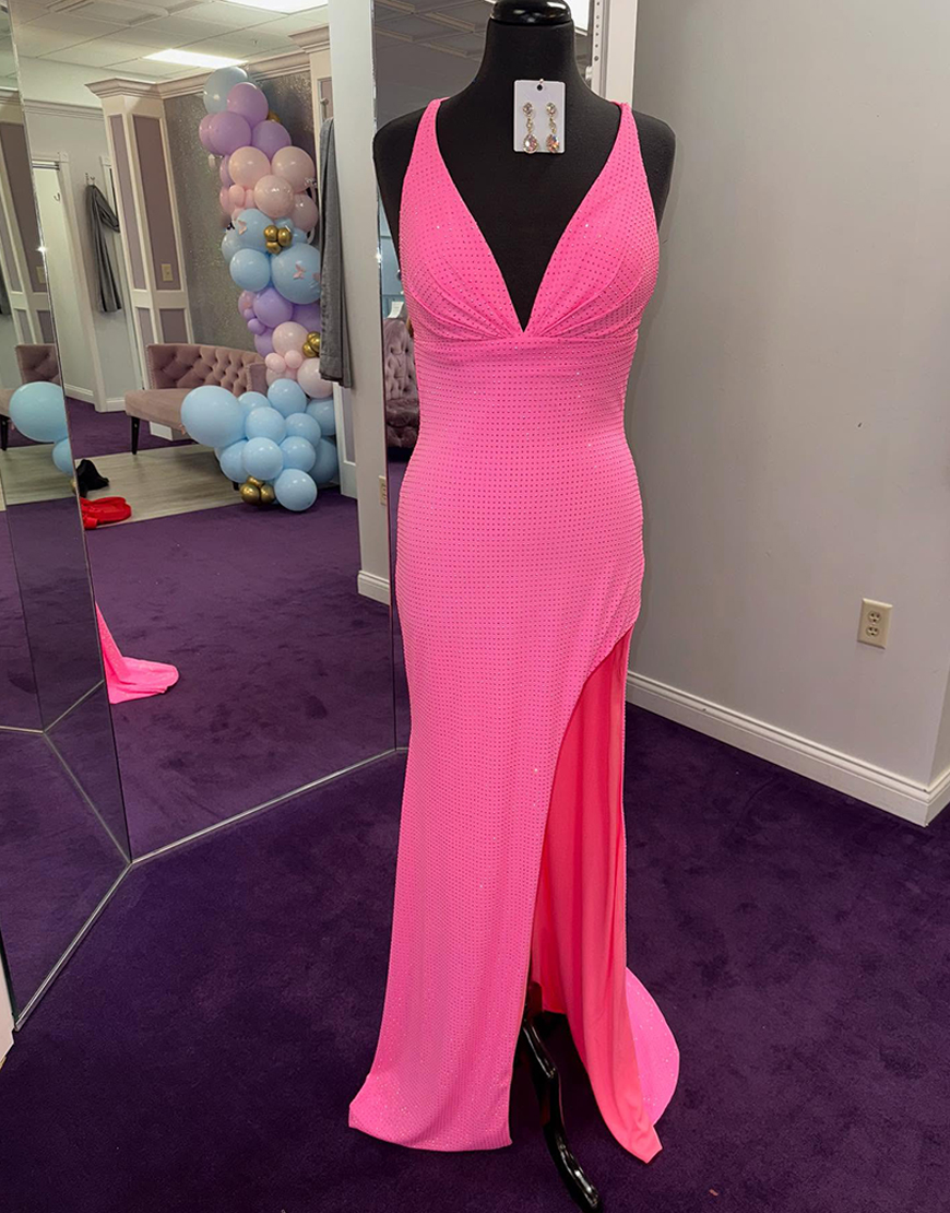 Sparkly Pink Mermaid V-Neck Beaded Long Prom Dress with Slit