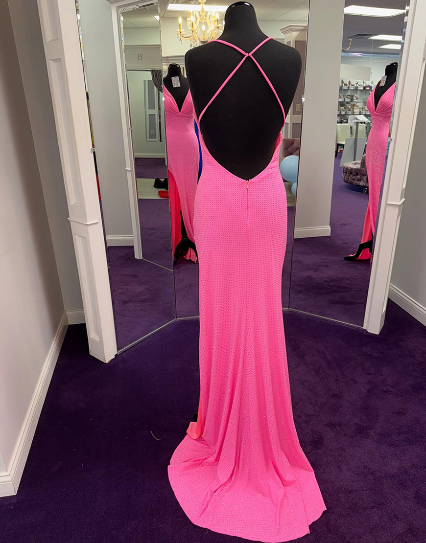 Sparkly Pink Mermaid V-Neck Beaded Long Prom Dress with Slit